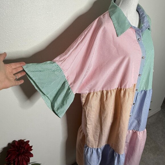 SimpleePlus Multicolor Striped Colorblock 1/2 Sleeve Button Down Shirt Dress 4XL - Picture 4 of 7